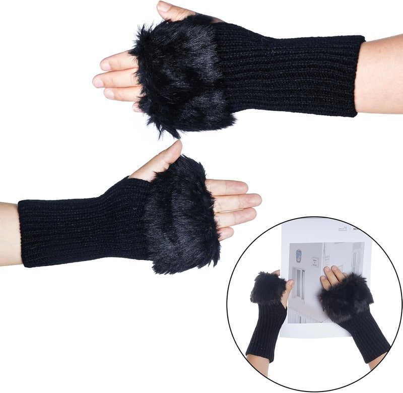 cnomg Winter Faux Fur Fingerless Gloves Faux Fur Half Finger Warmers Fingerless Gloves for Women Girls Working Writing - Image 5